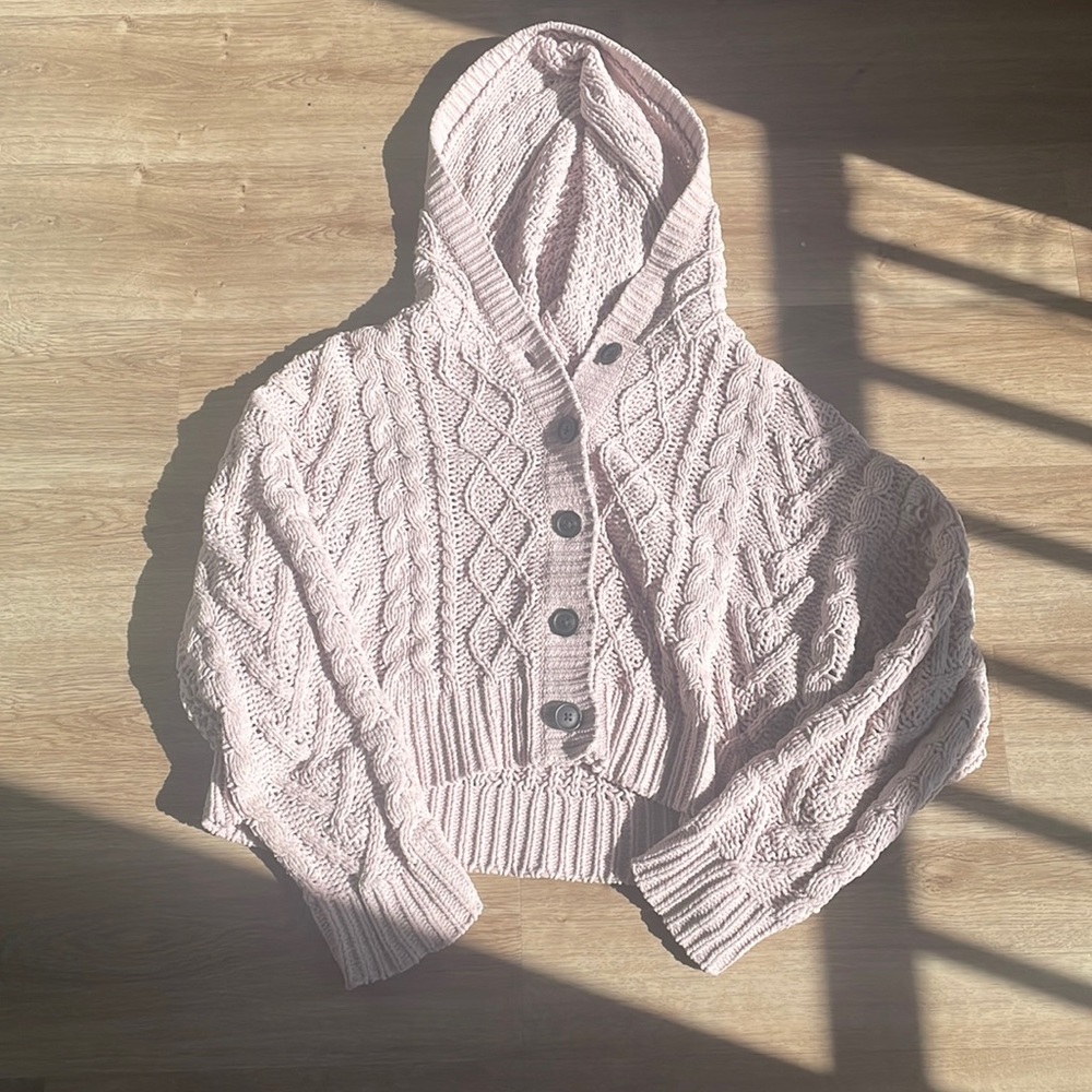 Pink chunky knit button up sweater